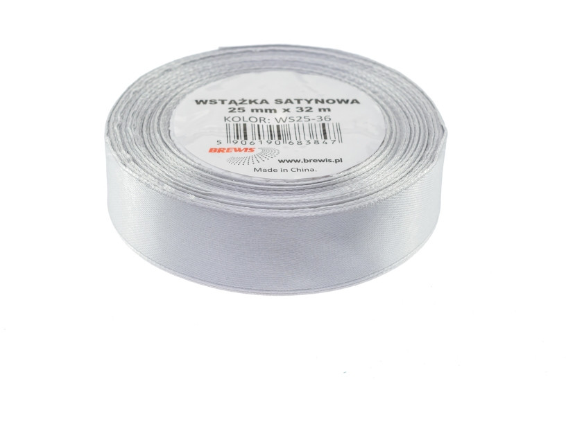 Wstążka satynowa 25mmx32m srebrna Brewis